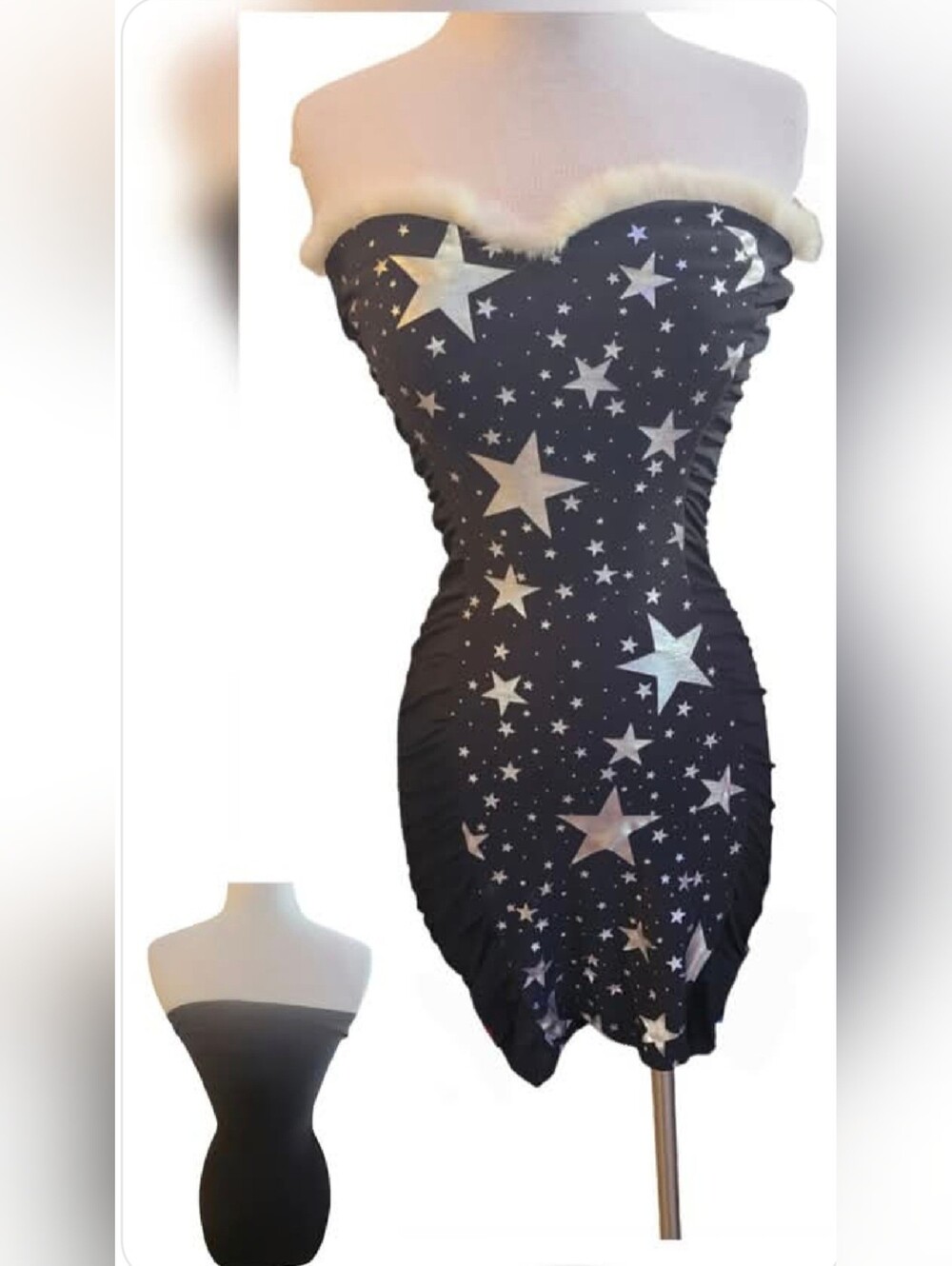 90's Vintage Strapless Black Star-Print Ruched Party Dress